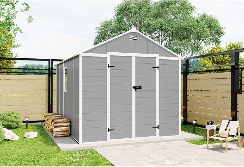 6x6 FT Storage Shed, Waterproof Resin Outdoor Storage Shed with Floor & Window & Lockable Doors and Vents, Light Grey (Grey + Polypropylene)