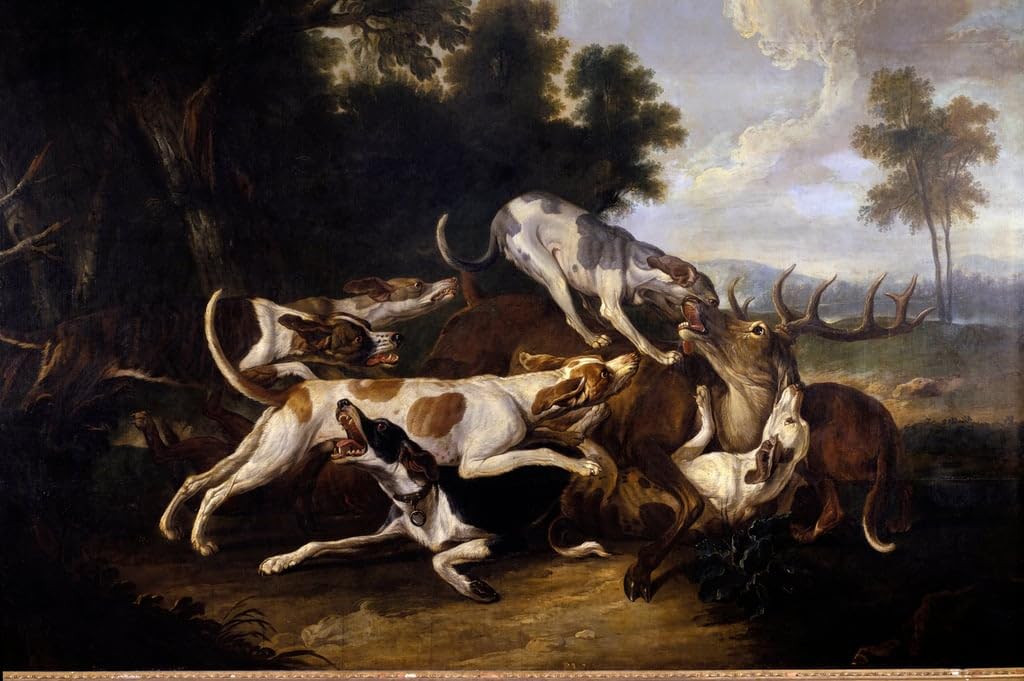 Artxlxxbn No Frame Famous Canvas Artwork Graffiti Print L'hallali Du Deer Hunting Dogs Finishing A Deer Painting By Jean Baptiste Oudry Portrait Canvas Image For Home Decor 60X90cm