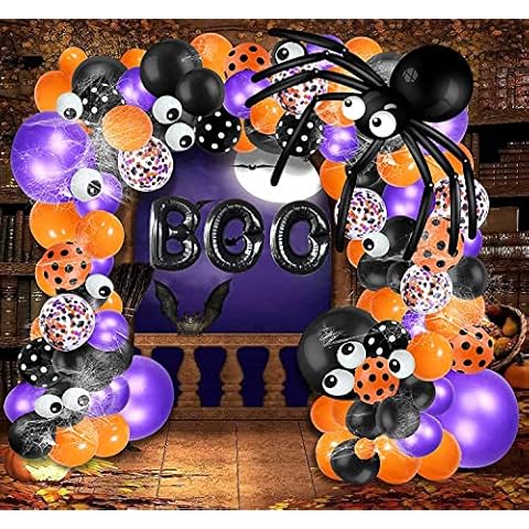 Halloween Balloon Garland Arch kit with Halloween Spider Web, Boo Aluminum Foil Banner Balloons, Spider Long Balloons, Black Orange Purple Confetti Balloons for Halloween Day Party Decorations Cover