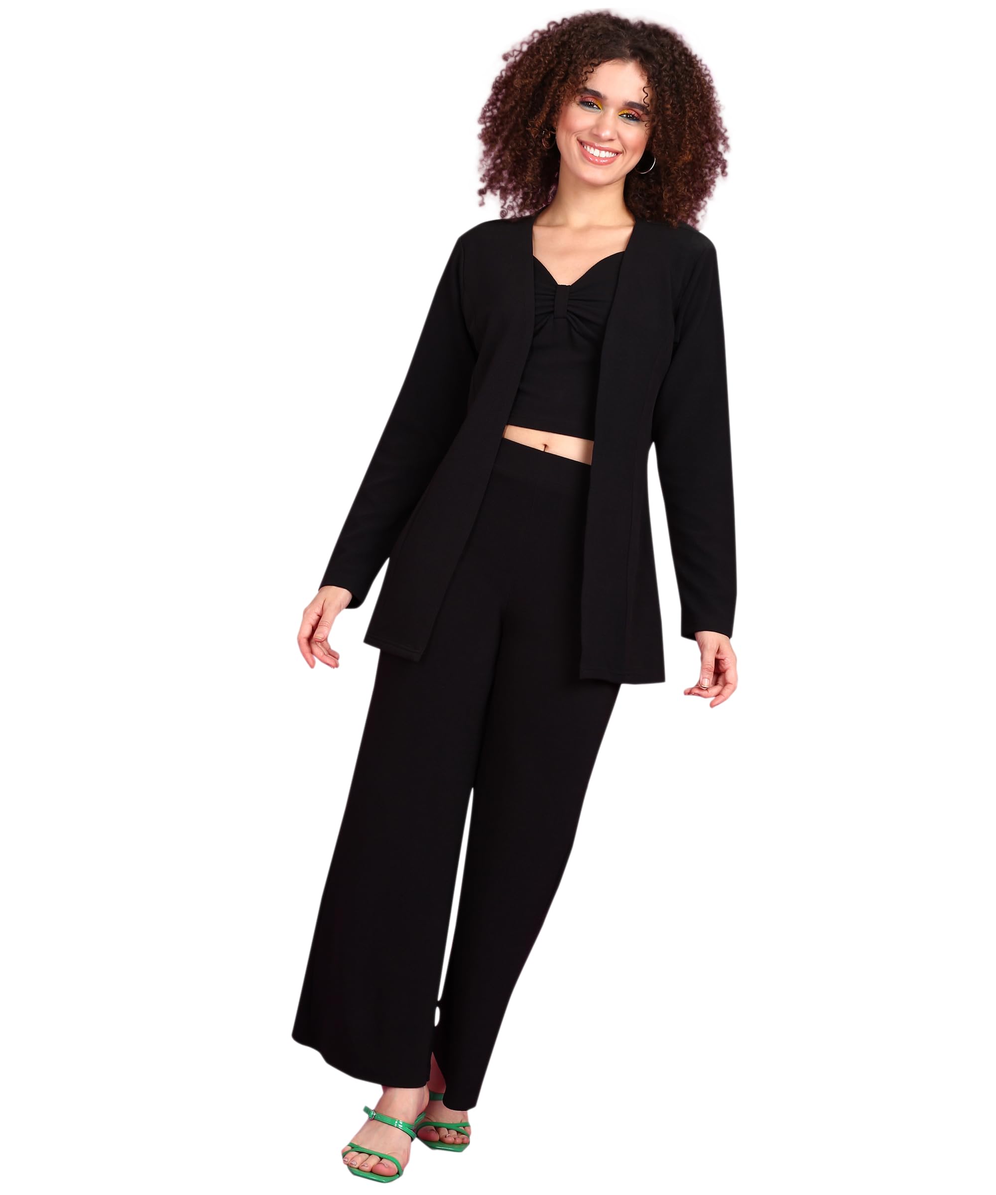 Popwings Casual 3 Pieces Co-Ords Set For Women | Women Shrug Top Trouser Set | Women Shrug Top And Trousers Set Summer Wear| 3 Pieces Co Ords Set For Office Black