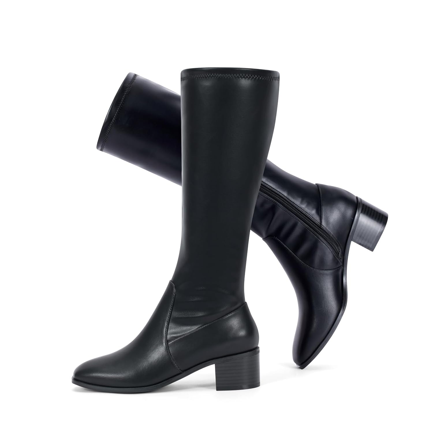 Elisabet Tang Knee High Boots for Women 2 inch Chunky Low Heel Boots Square Toe Side Zipper Fall