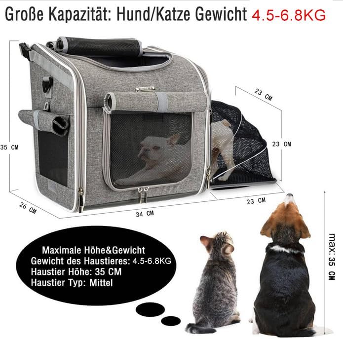 BABEYER Kutya Bicikli Kosár, Bővíthető Puha Szállító Táska 4 Ajtóval és Hálós Ablakokkal Kis Kutyáknak Macskáknak - Szürke