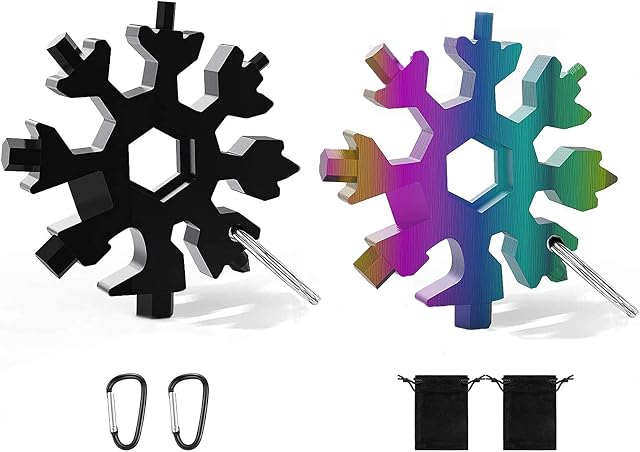 2 Pcs 18 in 1 Snowflake Multi Tool, Stainless Steel Handy Tool with Carabiner Clip, Bottle Opener Flat Screwdriver Wrench Kit (Black+Colorful)
