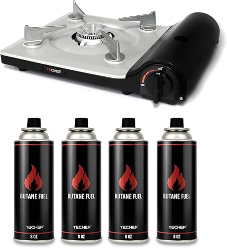 TECHEF - AGNI - Quemador portátil de gas butano, estufa de emergencia, estufa de cocina de campamento + 4 recipientes de combustible, fabricado en
