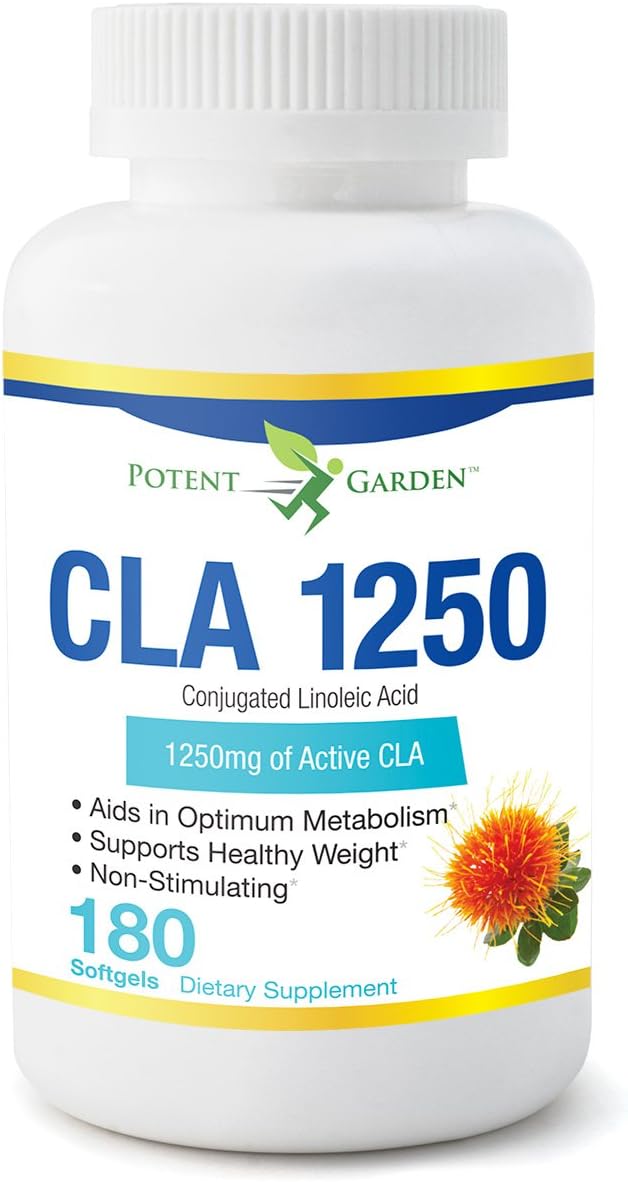 CLA 1250 by Potent Garden, 180 Softgels, High Potency, Natural Weight Loss Exercise Enhancement Supplement, Non-Stimulate, Non-GMO, Gluten-Free 100% Safflower Oil, 95% Active Conjugated Lineolic Acid