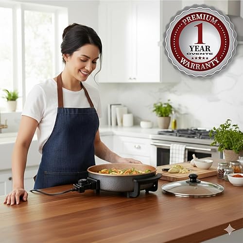 Miniatura 8 de OVENTE Sartén eléctrica de 12 pulgadas y sartén con revestimiento antiadherente, potencia de 1400 W, control de temperatura ajustable, tapa de