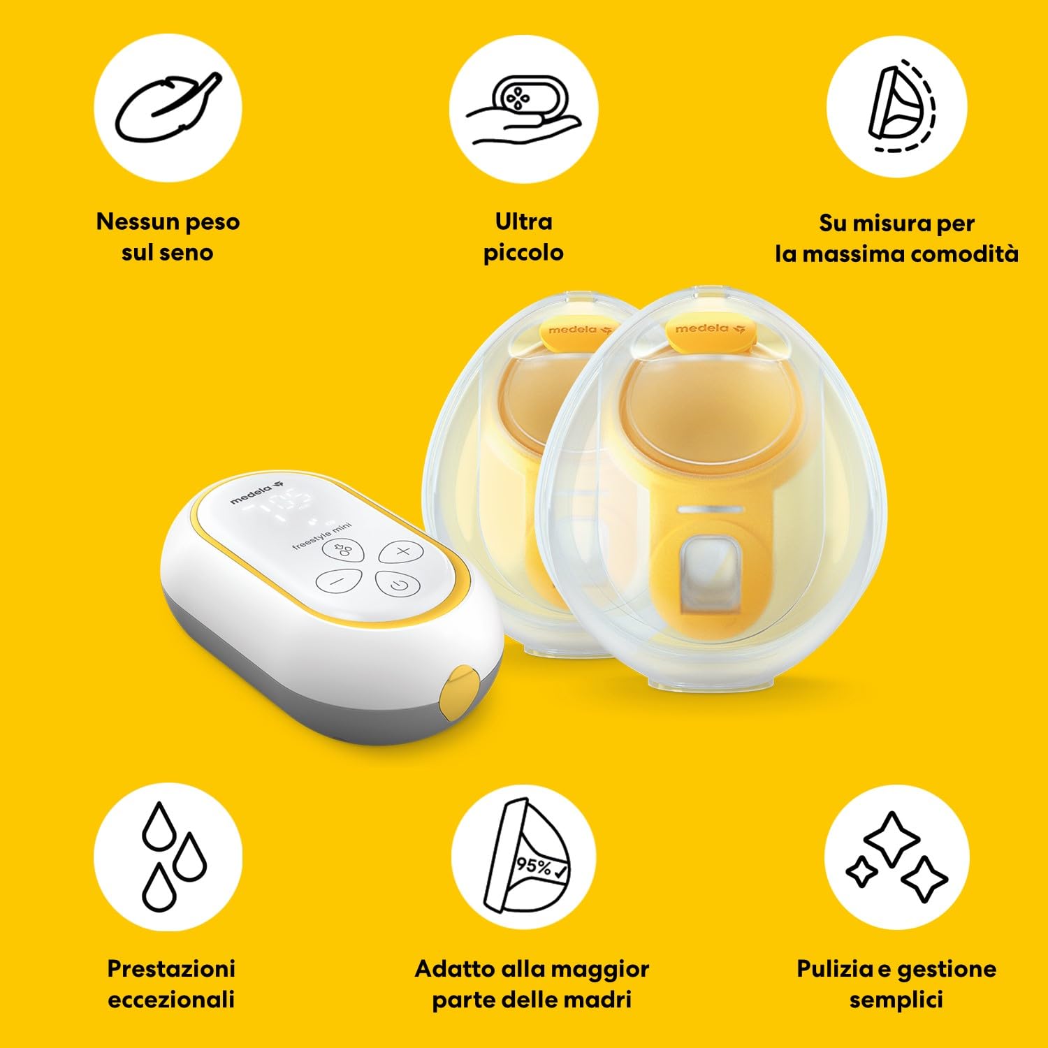 Medela Freestyle Mini Hands-Free elettrico doppio con coppe Hands-Free e batteria ricaricabile.