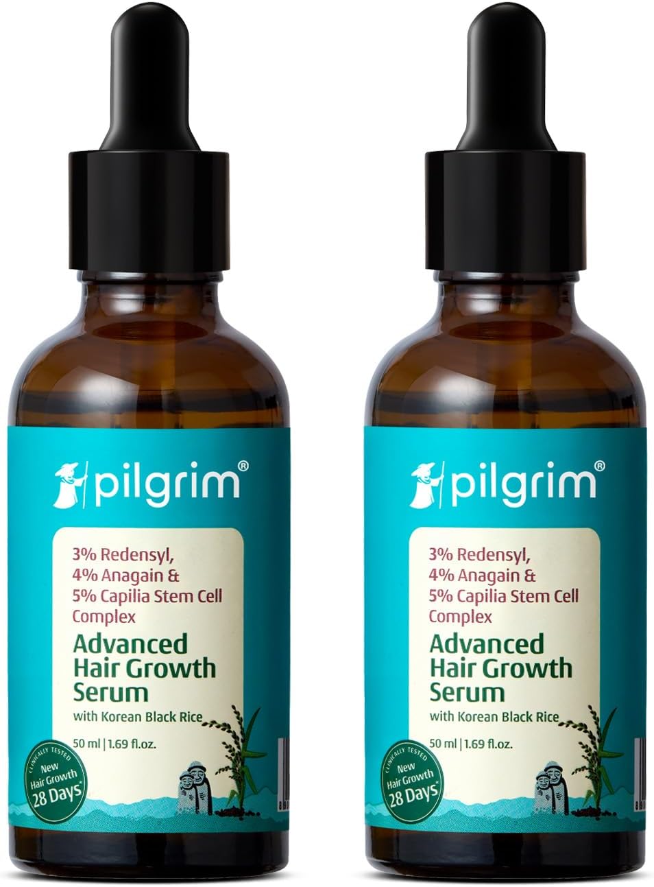 Pilgrim Advanced Hair Growth Serum with Redensyl 3%, Anagain 4% & Baicapil | Hair Fall Control & Regrowth | Korean Black Rice | For Men & Women, 1.69 Fl Oz (Pack of 2)