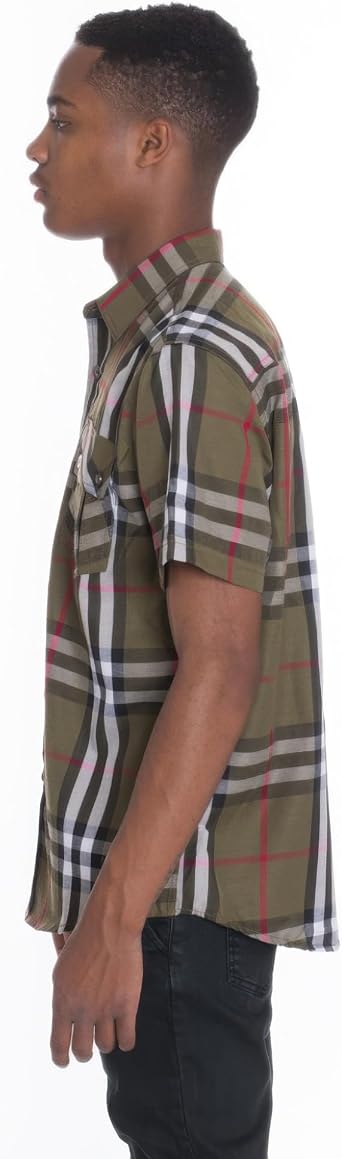 Mens Checker Plaid Button-Down Shirt, Short Sleeve, Cotton Polyester Blend, Multiple Colors, S-3XL