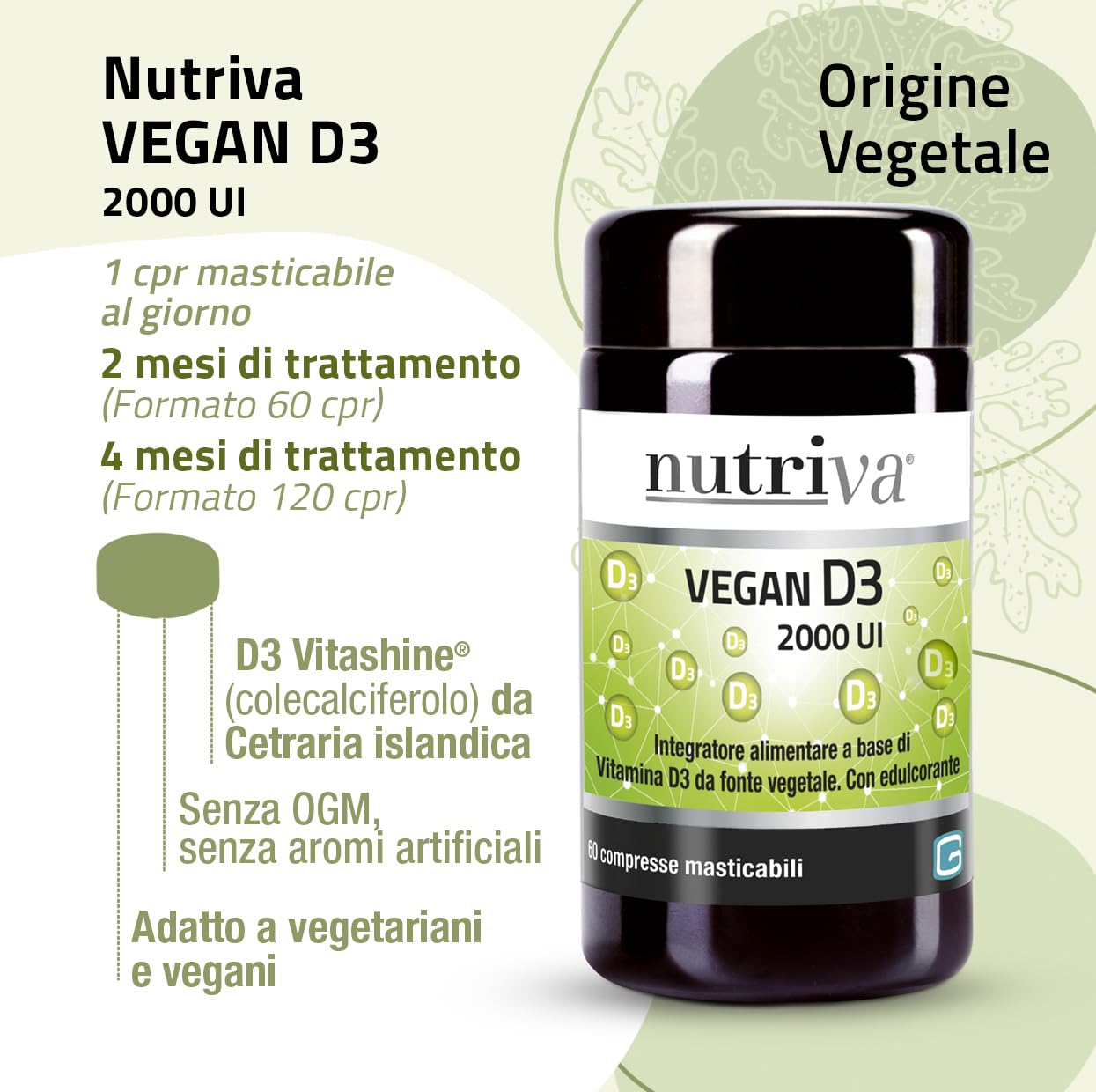 NUTRIVA Vegan D3, Integratore Alimentare a Base di Vitamina D3, Ideale per le Ossa e per il Supporto del Sistema Immunitario, Naturale, Privo di OGM, Glutine e Allergeni - 120 Compresse Masticabili