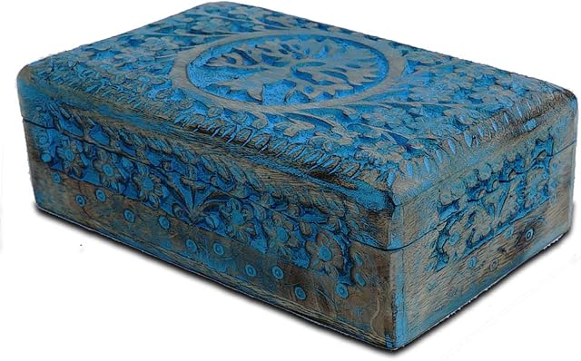 BHAVATU Handmade Mango Wood Blue Tree of Life Engraving Handcarved Jewellery Box for Women-Men Jewel | Home Decor Accents | Decorative Boxes