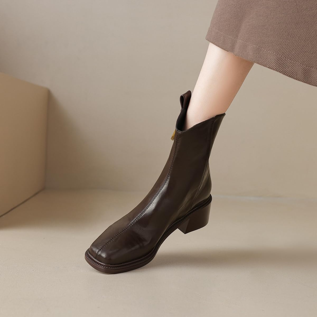 Western Chelsea Ankle Boots For Women Back Zipper Square Toe Chunky Heels Cowboy Dressy Short Booties