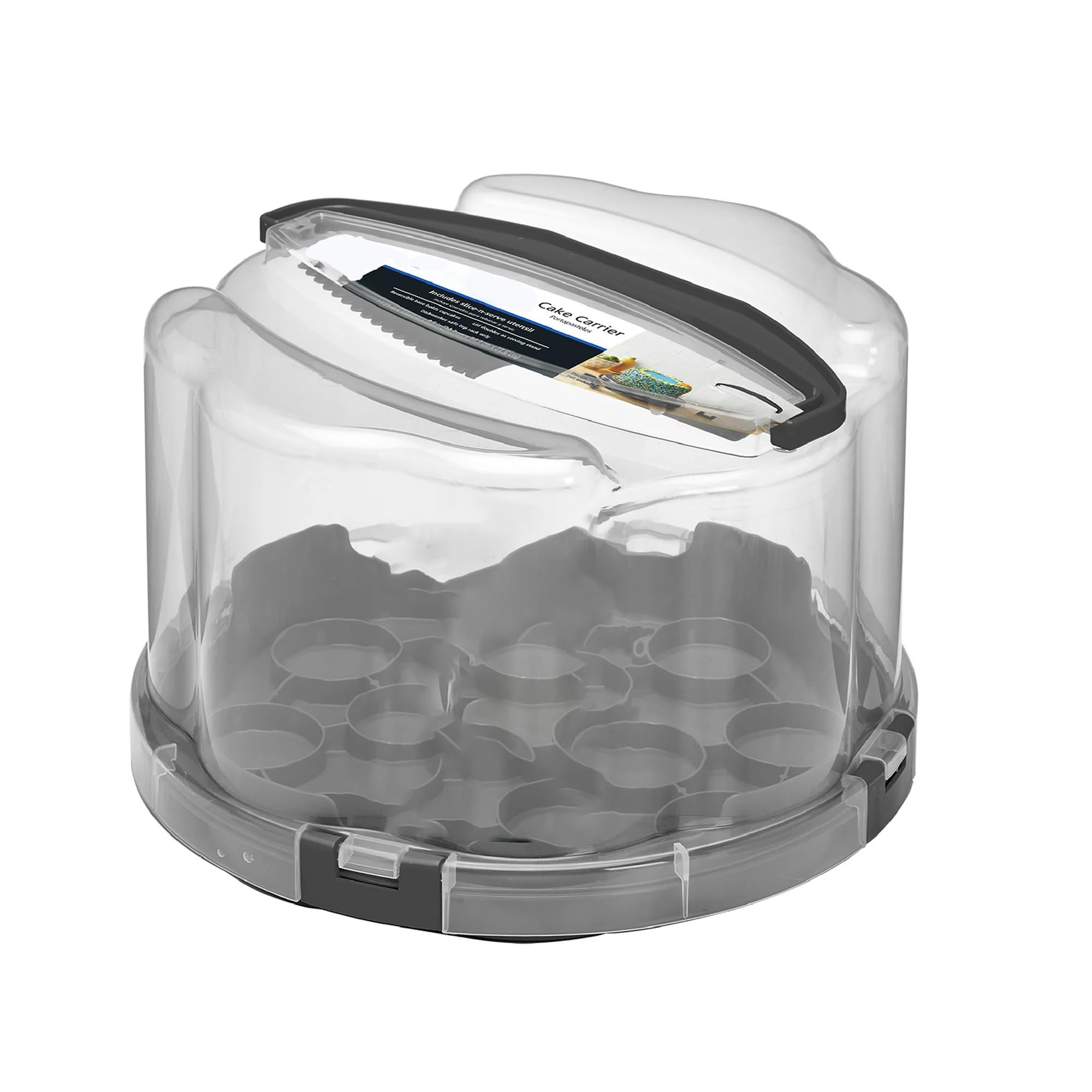 XaXes Round Plastic Cake and Cupcake Carrier, Clear with Gray Handle, Clasps and Base (1 Each) Includes Slice-and-Server Utensil, 13.2"" x 8.5"", Grey