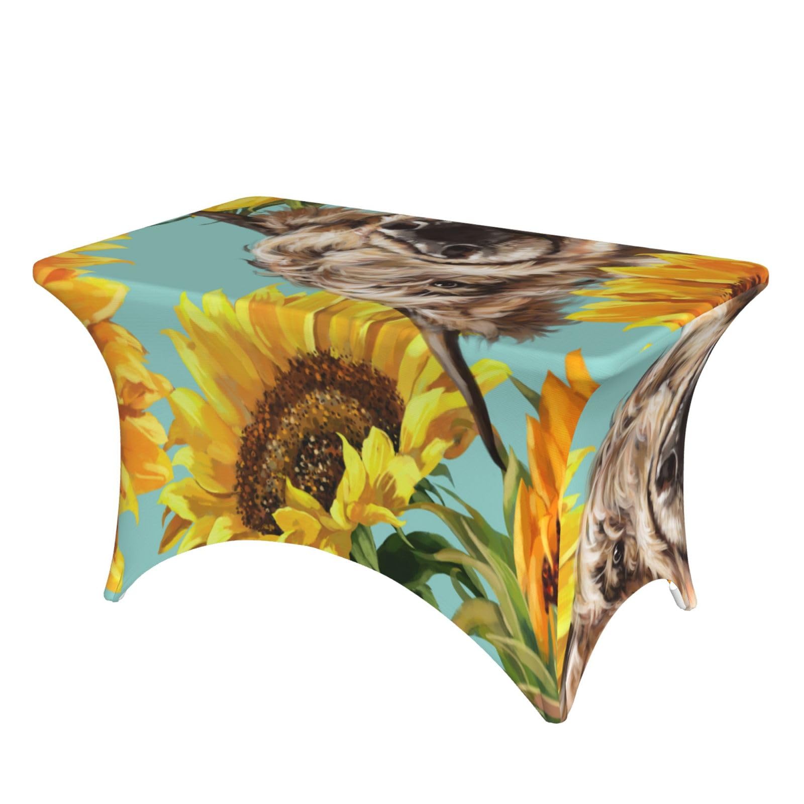 Dcehgew Cow With Sunflowers In Blue 4Ft Spandex Rectangular Table Cloth, Printed Fitted Elastic Tablecloths Washable Table Cover For Event, Wedding, Banquet & Party