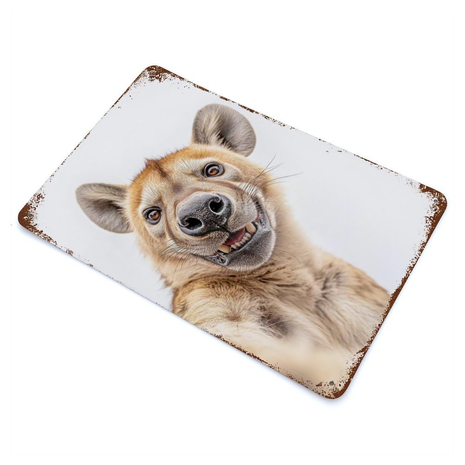 Rust Effect Smiling Hyena Selfie Weathered Tin Sign 11.8"x7.9", Novelty Wall Decor for Office, Studio And Wall Decor