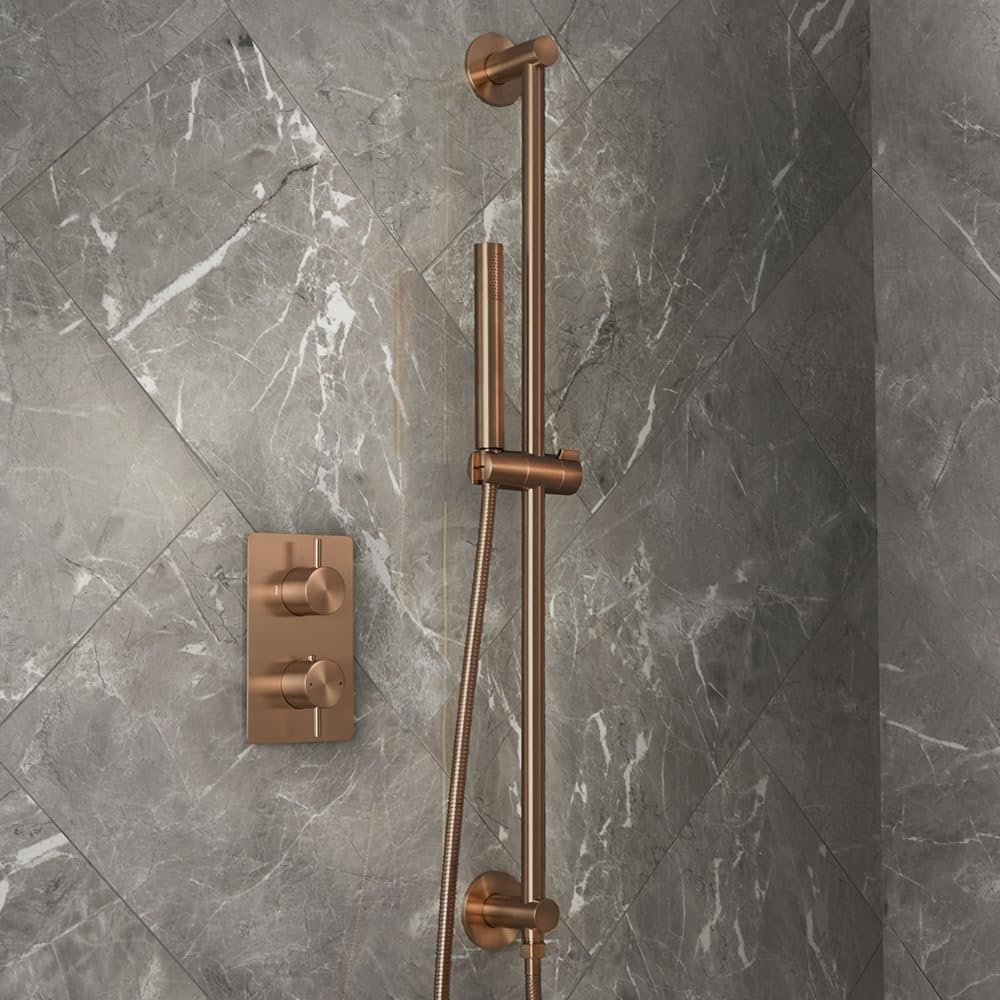 Milano Brushed Copper Otto Thermostatic Mixer Valve Riser Rail Hand Shower Handset