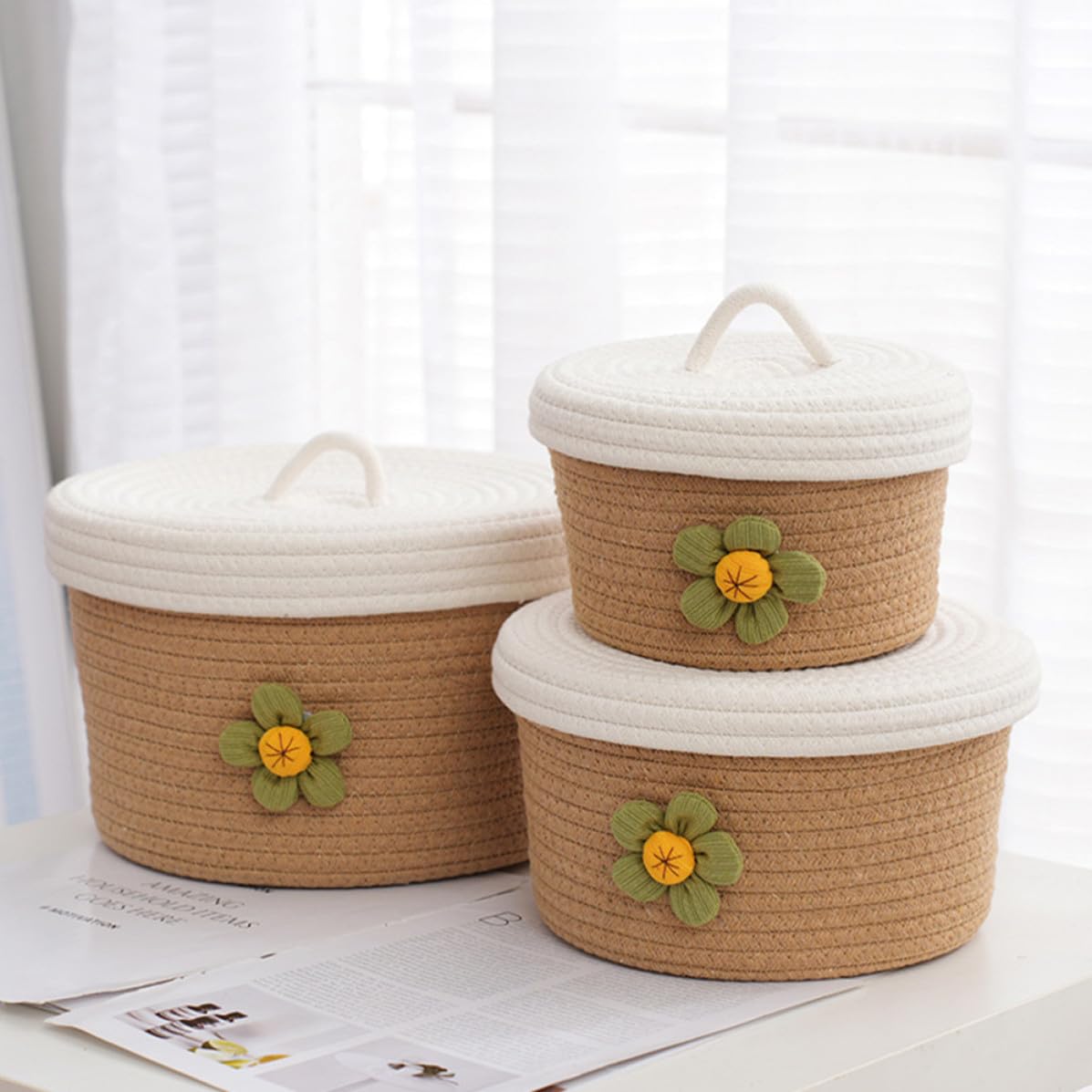 3 Cestas de Almacenamiento Prácticas y Elegantes Tapa de Cuerda de Algodón Tejida para Organizar Snacks y Juguetes Habitación