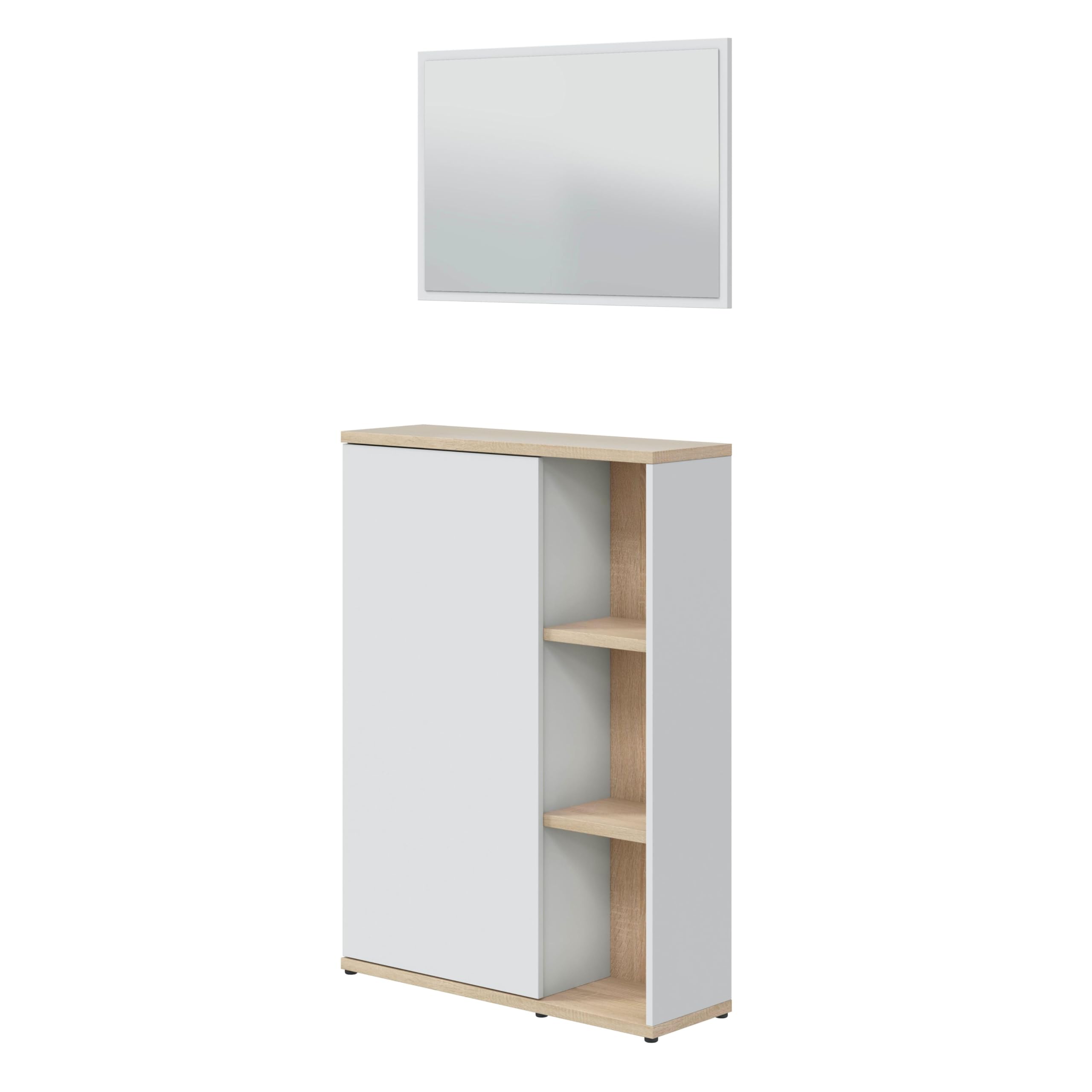 Mueble Recibidor con Espejo Adhara 1 Puerta Estilo Moderno Blanco Artik y Roble Canadian 80x95x30 cm