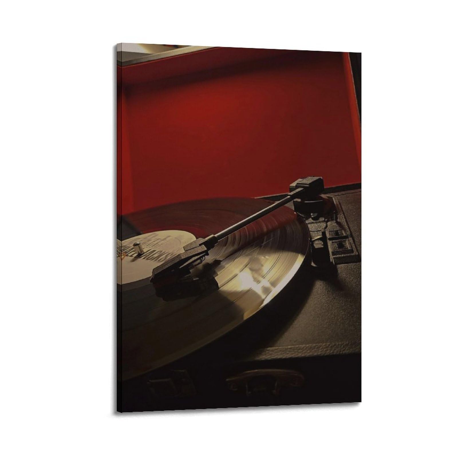 Gramofon z płytą winylową w obudowie z czerwoną podszewką sztuka ścienna, retro muzyka dekoracja do domu i salonu plakat dekoracyjny obraz płótno plakaty ścienne i obraz artystyczny druk nowoczesny