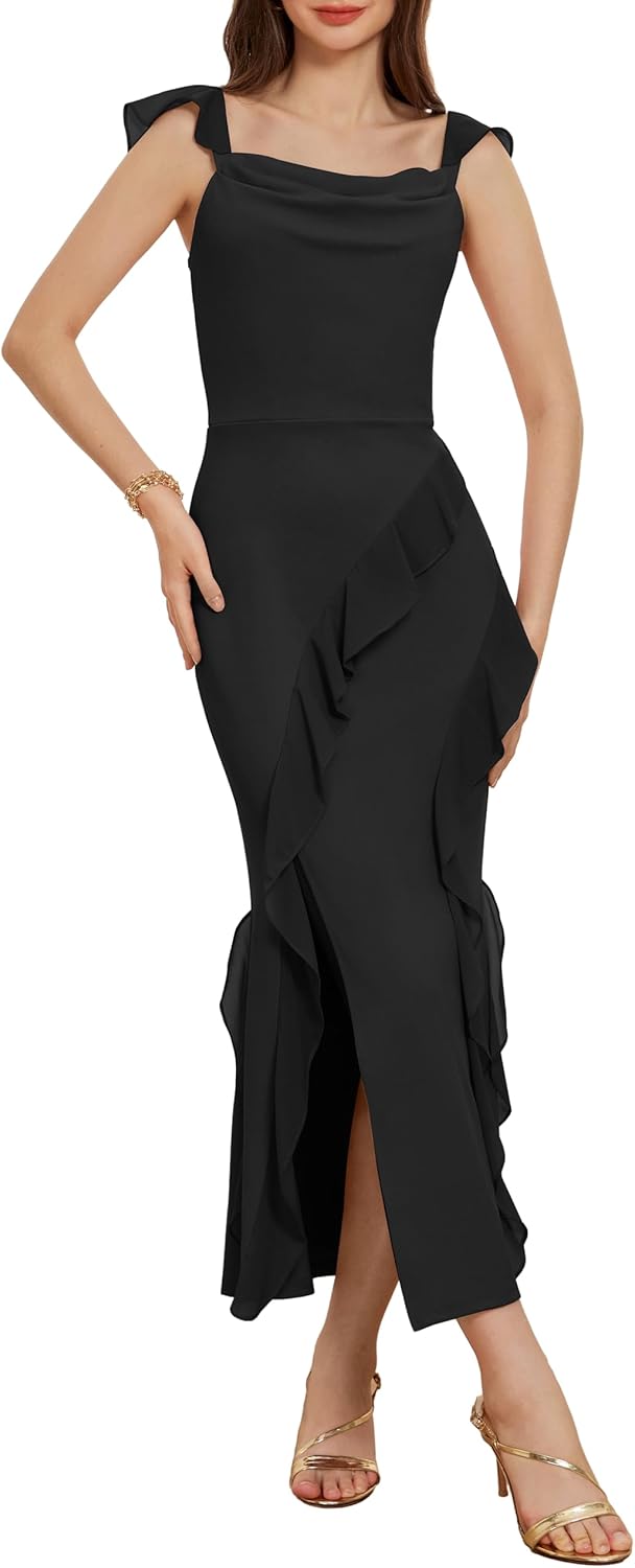 GRACE KARIN Women's Cowl Neck Sleeveless Ruffled Fishtail Dress High Slit Bodycon Cocktail Party Maxi Dress