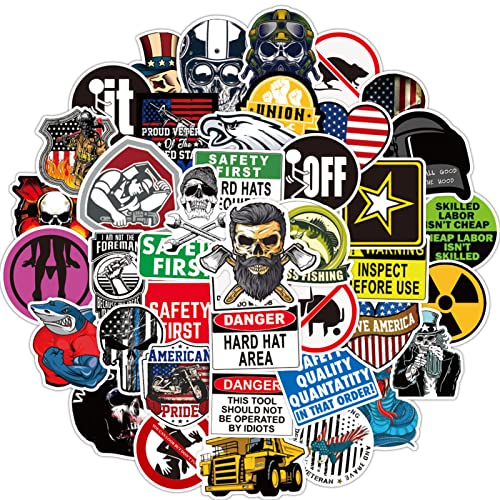 50 Hard Hat Stickers & Decals - Funny Toolbox Warning Stickers for Adults, Mechanics, Electricians, Military, Construction, Welders