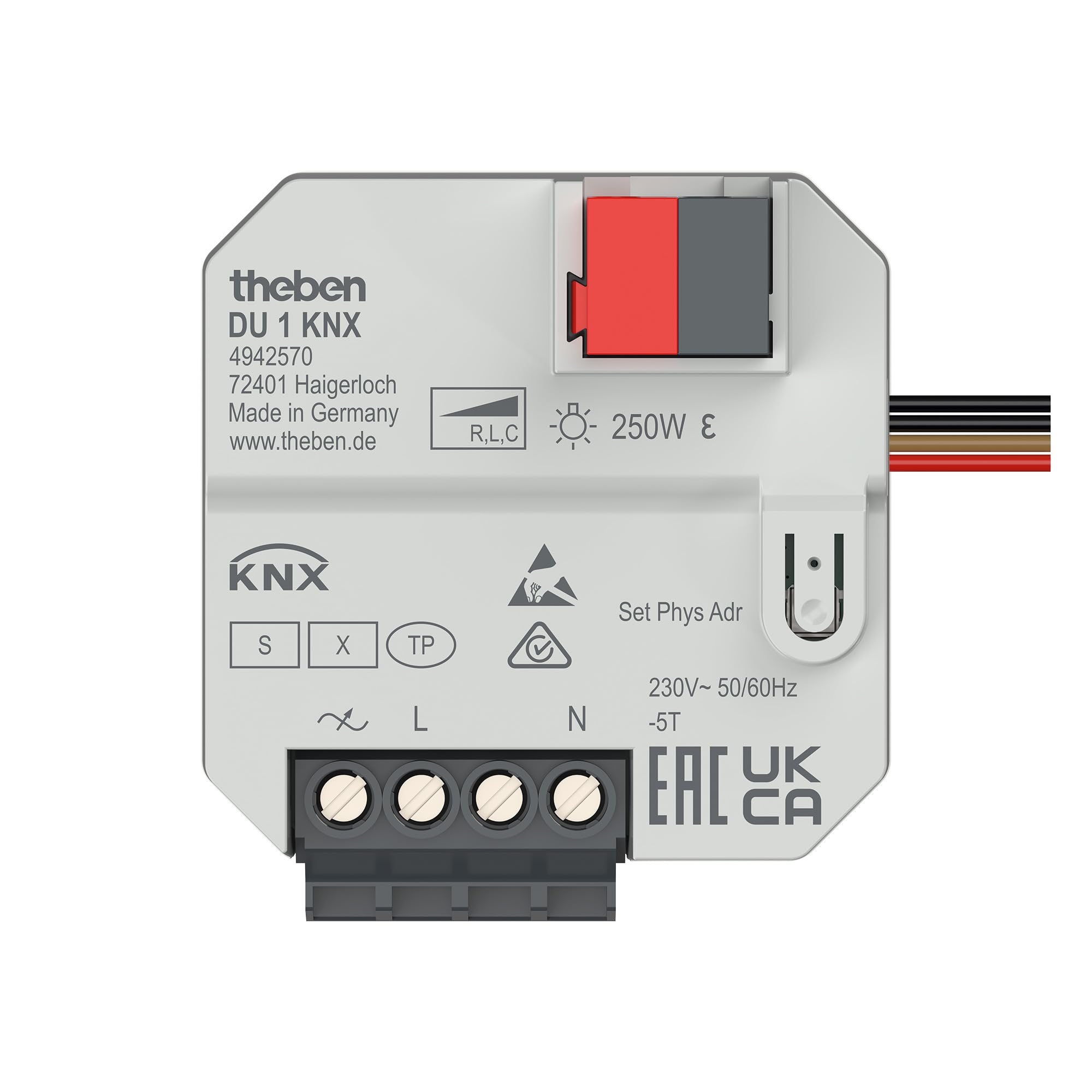 Theben 4942570 DU 1 KNX Unterputz-Universal-Dimmaktor 1-fach 250W Secure | UP, 1 Kanal, optimierter Dimmausgang, automatische Lasterkennung, einstellbare Dimmkurve, 2 Binäreingänge, KNX TP Data Secure
