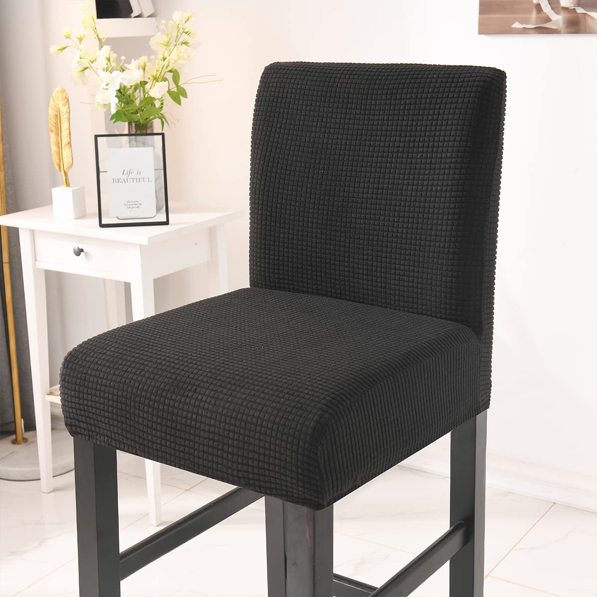 Housse de chaise extensible beige pour tabouret et chaise de bar dossier bas Lot de 2
