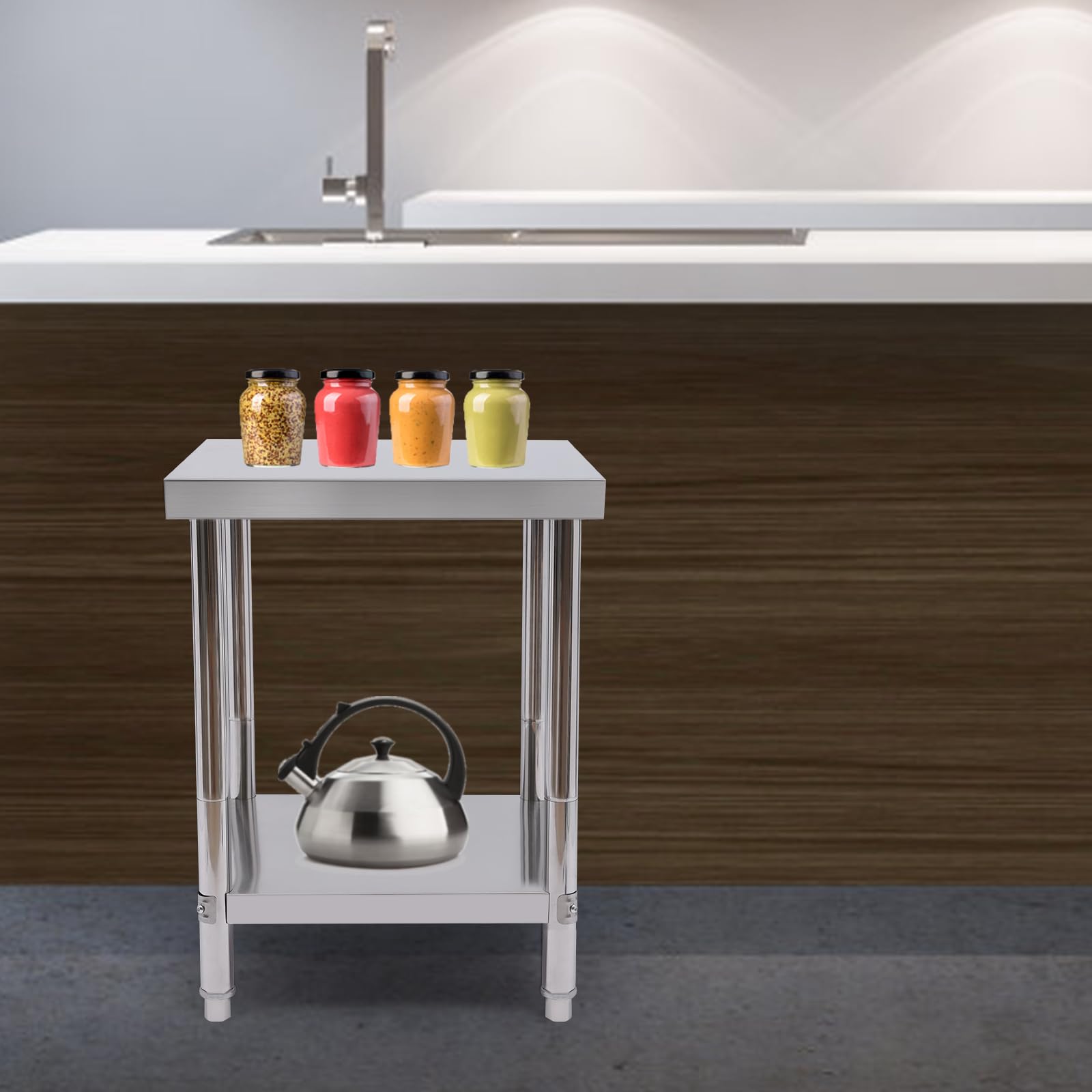 Mesa de trabajo de acero inoxidable, banco de trabajo, banco de trabajo móvil, para cocina y restaurante, 2 niveles, capacidad de carga de 400 kg, diseño moderno, independiente, 60 x 60 x 80 cm