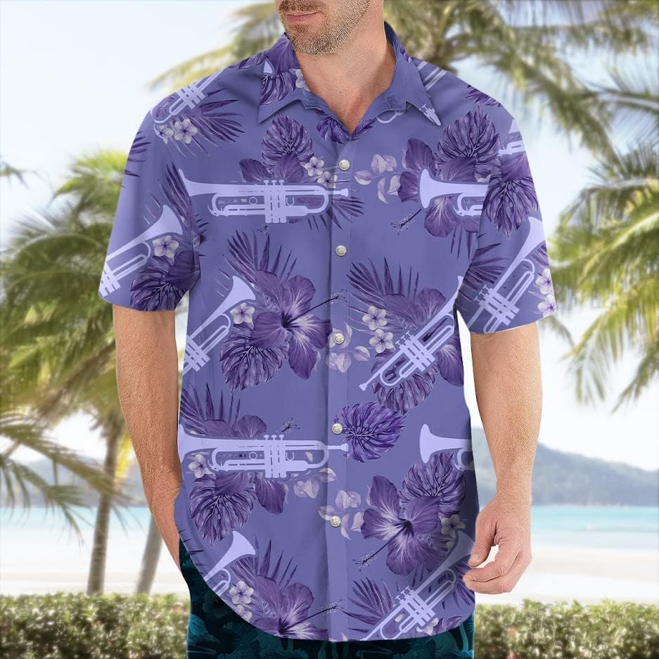 Trumpet Shirt Hawaiian for Men, Music Short Sleeve Aloha Beach Shirts for Players