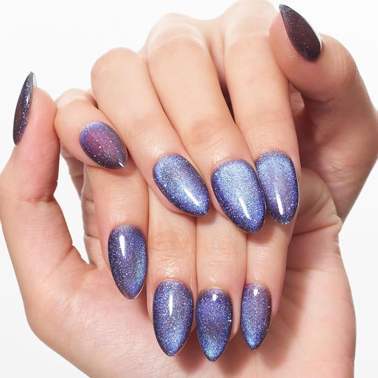 GLAMERMAID Dark Blue Magnet Cat Eyes Press On Nails Short Almond, Polarized Handmade Soft Jelly Gel Fake Nails, Magnetic Round Oval Stick Glue on