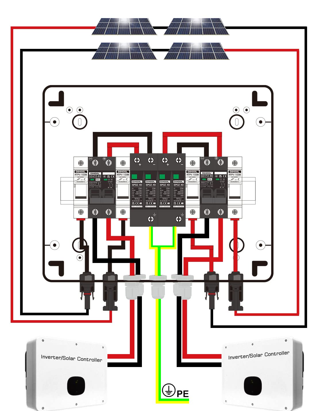 Protezione solare PV da sovratensione, scatola di collegamento DC1000 V, 2 x 1 stringa, protezione da fulmini per impianto fotovoltaico, IP65, alloggiamento (2 in,2 out)