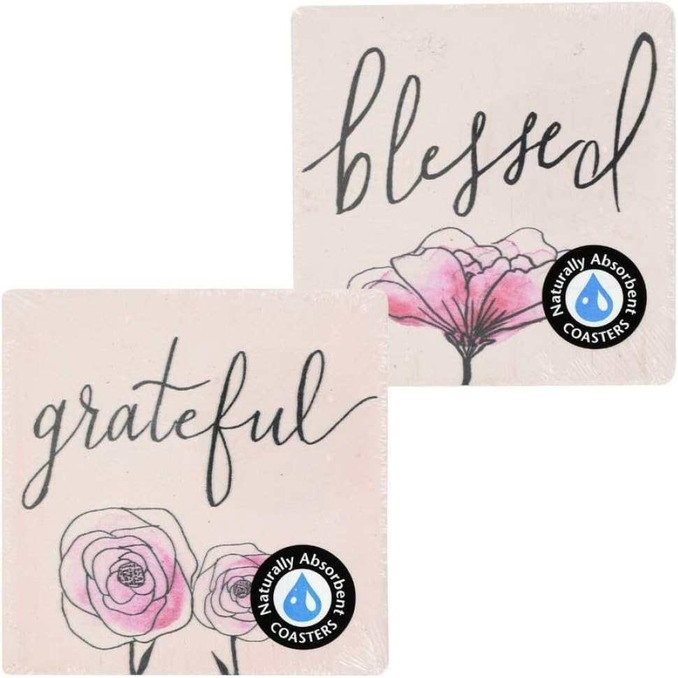 Chеареѕt 🛒 Blessed and Grateful Drink Coasters Mats - Moisture Absorbing Natural Stone Coasters with Cork Base Protect Furniture from Dirt Water and Scratches, Stone Mats Set of 4 Housewarming Gift