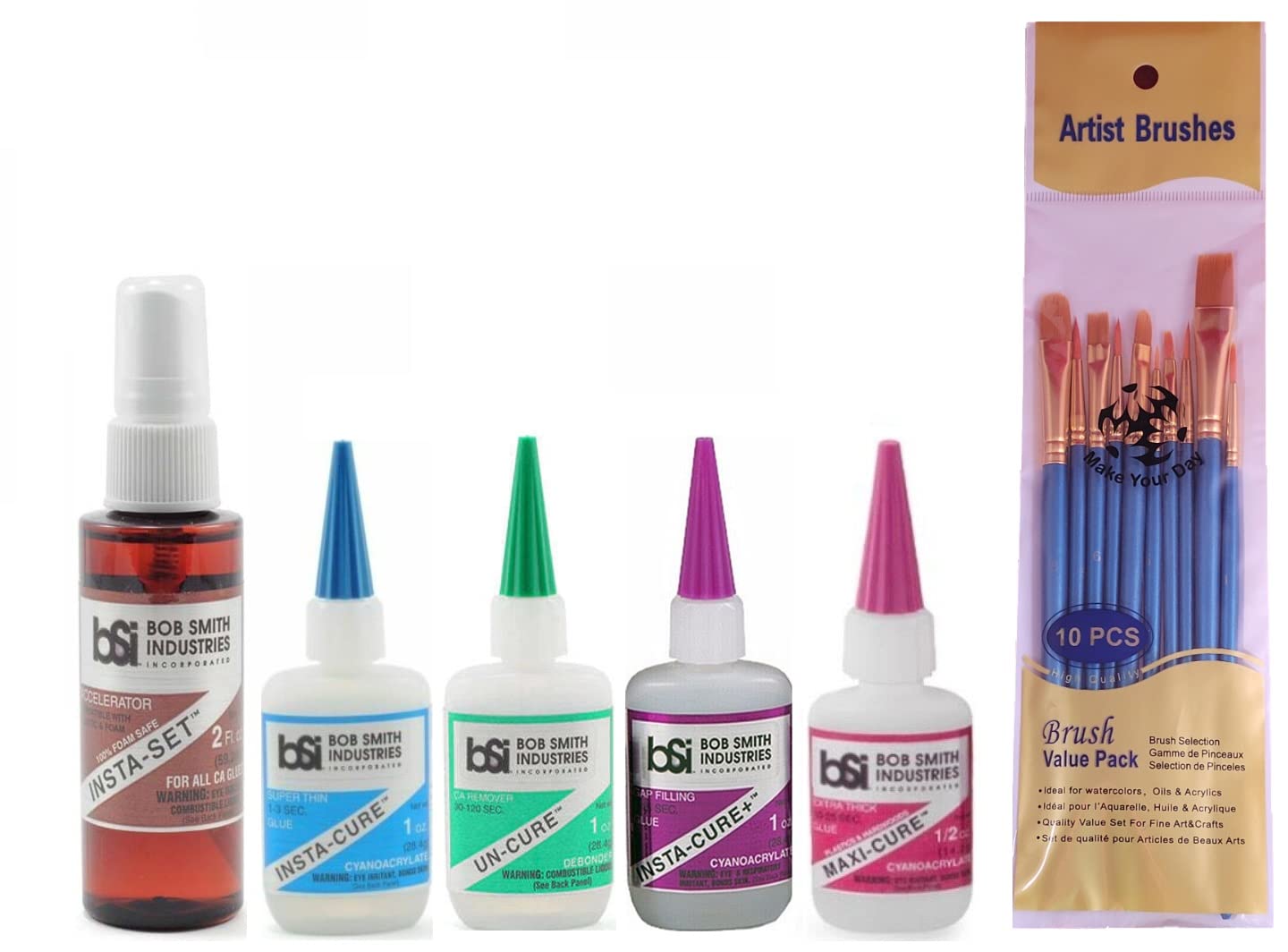 Bob Smith Industries Cyanoacrylate Glue Variety, Insta-Set, Insta-Cure, Un-Cure, Insta-Cure+, and Maxi-Cure (Pack of 5) - with Make Your Day Paintbrushes