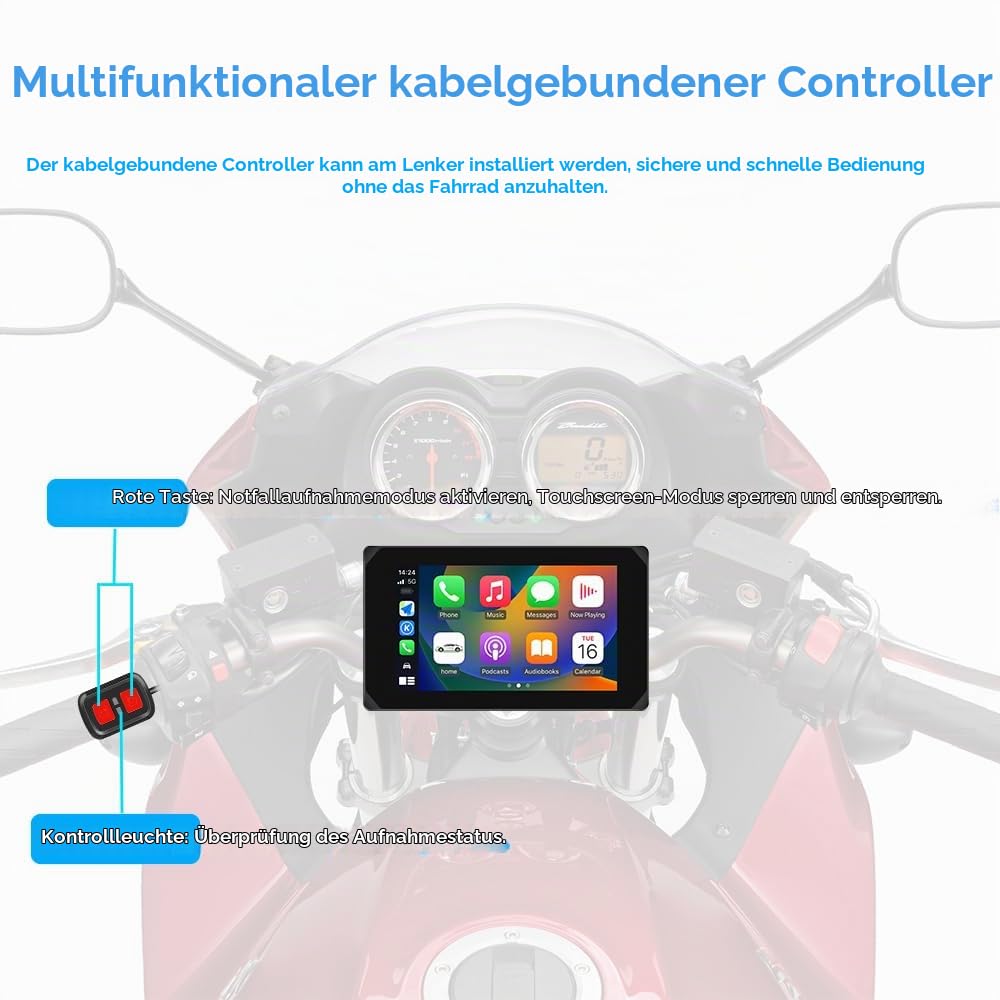 VSYSTO Motorrad DashCam, Wireless CarPlay & AndroidAuto Portable Car Stereo, 5" IPS Waterproof Touchscreen Dash Cam, HD1080P Front- und Heckkamera, Reifendrucksensor, Navigationsgerät (schwarz-CS5)