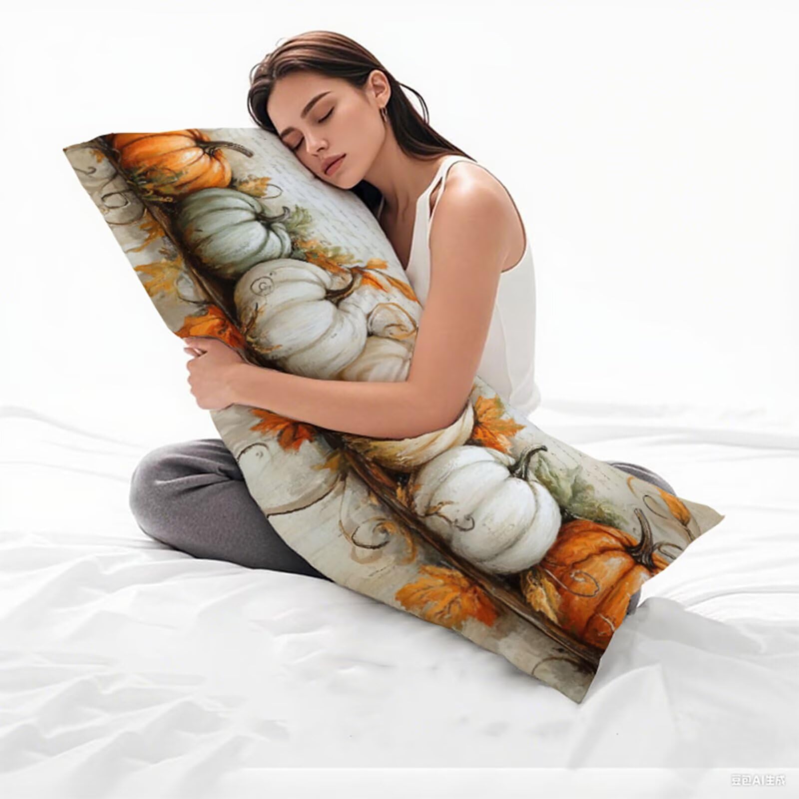Boczna poduszka do spania, retro poszewka na poduszkę 180 x 60 cm duża poszewka na poduszkę, miękka lniana dwustronny nadruk dyni body poduszka, zamek błyskawiczny ciążowy poduszki do spania z boku Y4