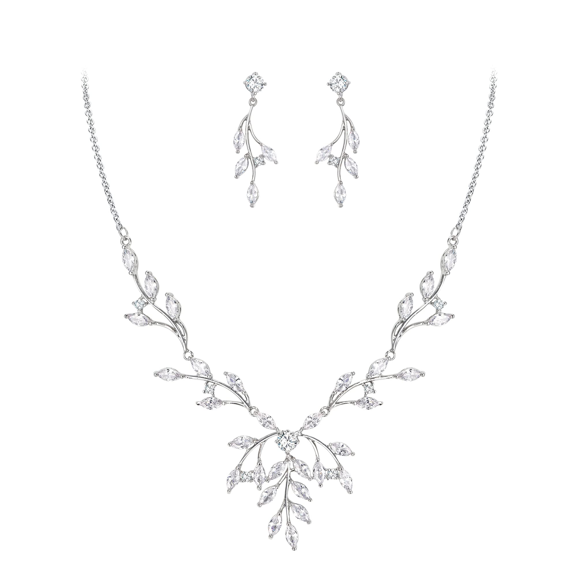 EVER FAITH Juegos de Joyas Mujer Circonia Cúbica Marquise Magnífico Redondo Hoja de Ratán Conjunto de Collar Pendientes para Novia Boda