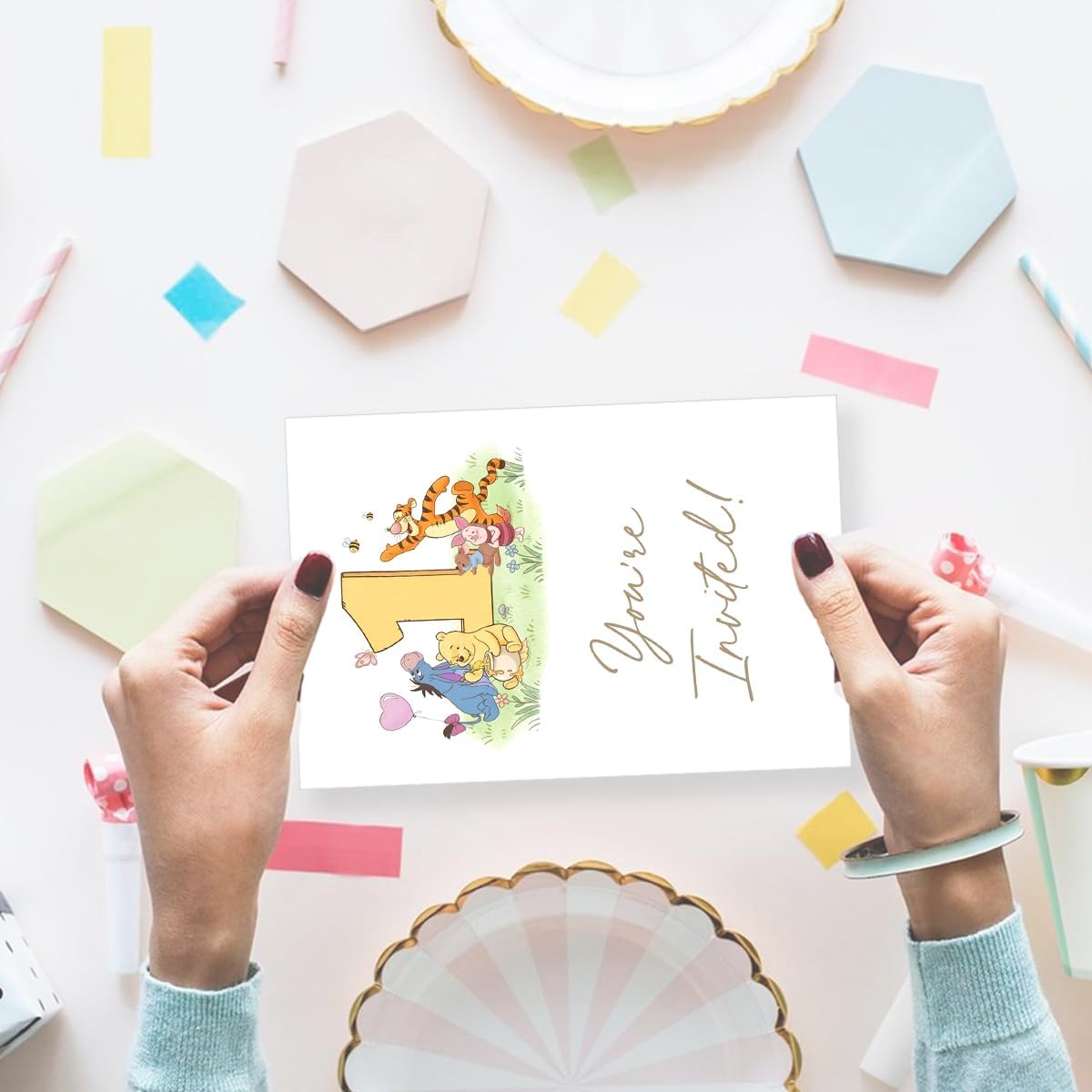 Pooh Bear First Birthday invitations, Cute Animal One Year Old Party Invitations, 20 Double Sided Cards with Envelopes - Image 5