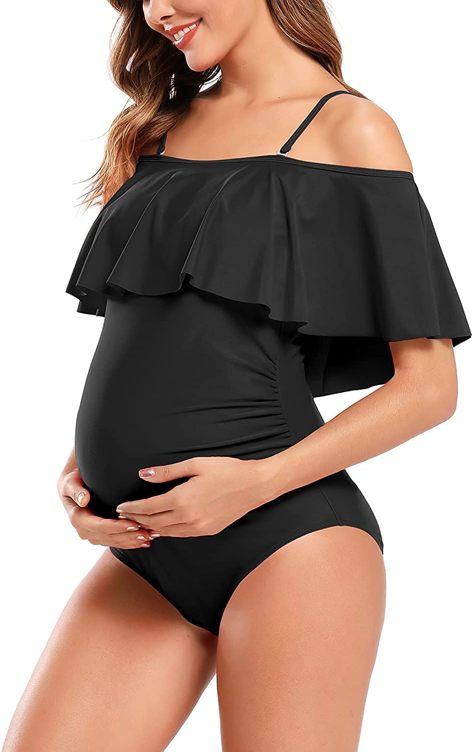 SHEKINI Maillots de bain de maternité une pièce à épaules dénudées maillot de bain à volants pour grossesse