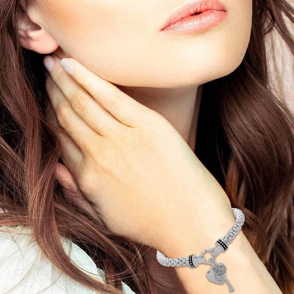 Nine West Women's Crystal Heart Key Stretch Bracelet Silver Tone - Image 4