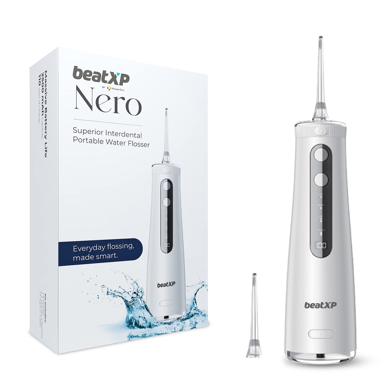 beatXP Nero Water Flosser For Teeth With 250ml Detachable Water Tank | Portable & Rechargeable | 110 Days Battery Life | 8 Level Pressure and 4 Modes | 2 Jet Tips Water Flosser (B0BCGNBPYF) Amazon Price History, Amazon Price Tracker