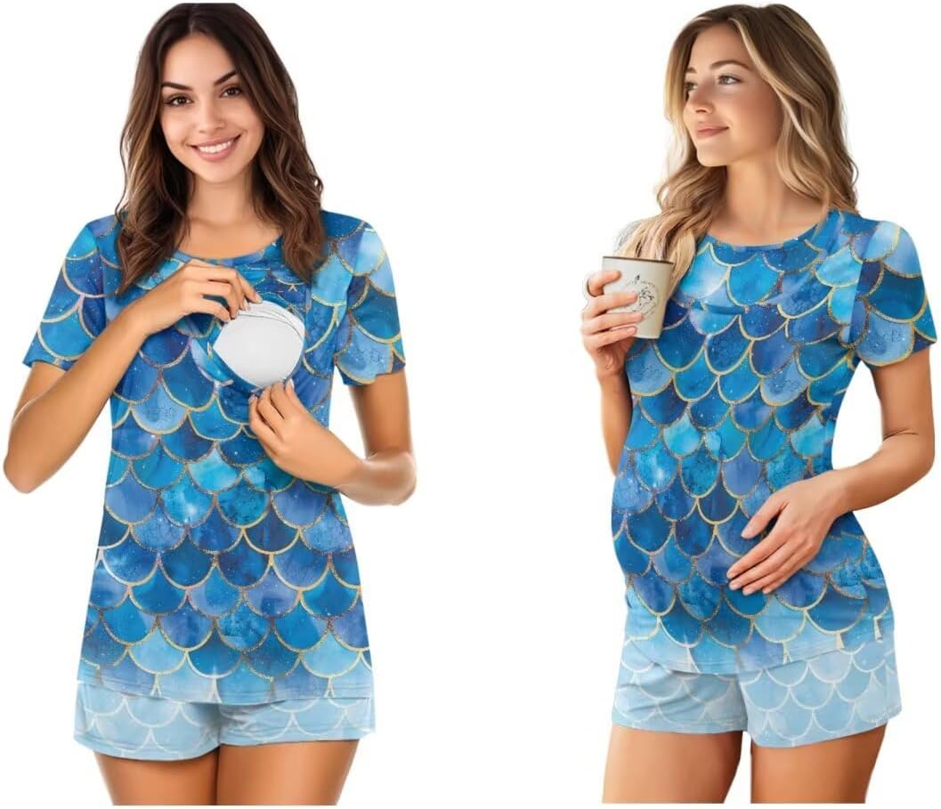 Postpartum Nursing Pajamas Set Maternity Pjs Short Sleeve Crew Neck Shirt Breastfeeding Loungewear for New Moms