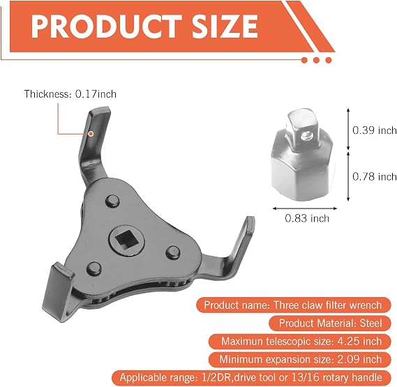 Oil Filter Wrench, 3 Jaw 2 Way Oil Filter Remover Tool from 2-1/5 Inch to 4.25 Inch, Universal for 1/2 & 3/8 Inch Square Drive Socket (Black)