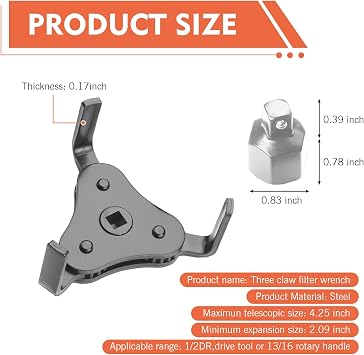 Oil Filter Wrench, 3 Jaw 2 Way Oil Filter Remover Tool from 2-1/5 Inch to 4.25 Inch, Universal for 1/2 & 3/8 Inch Square Drive Socket (Black)