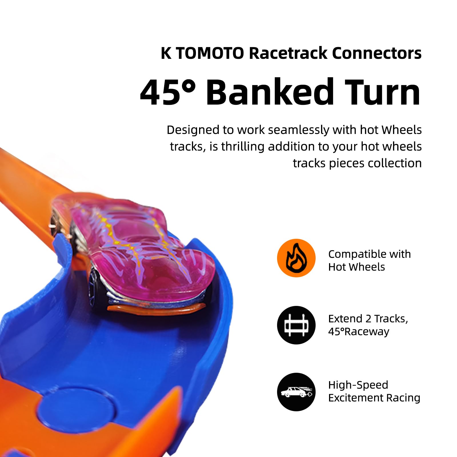 K TOMOTO 45 Degree Banked Turn Compatible with Hot Wheels, Racetrack Connectors Set of 4 for Hotwheels Curved Track Replacement