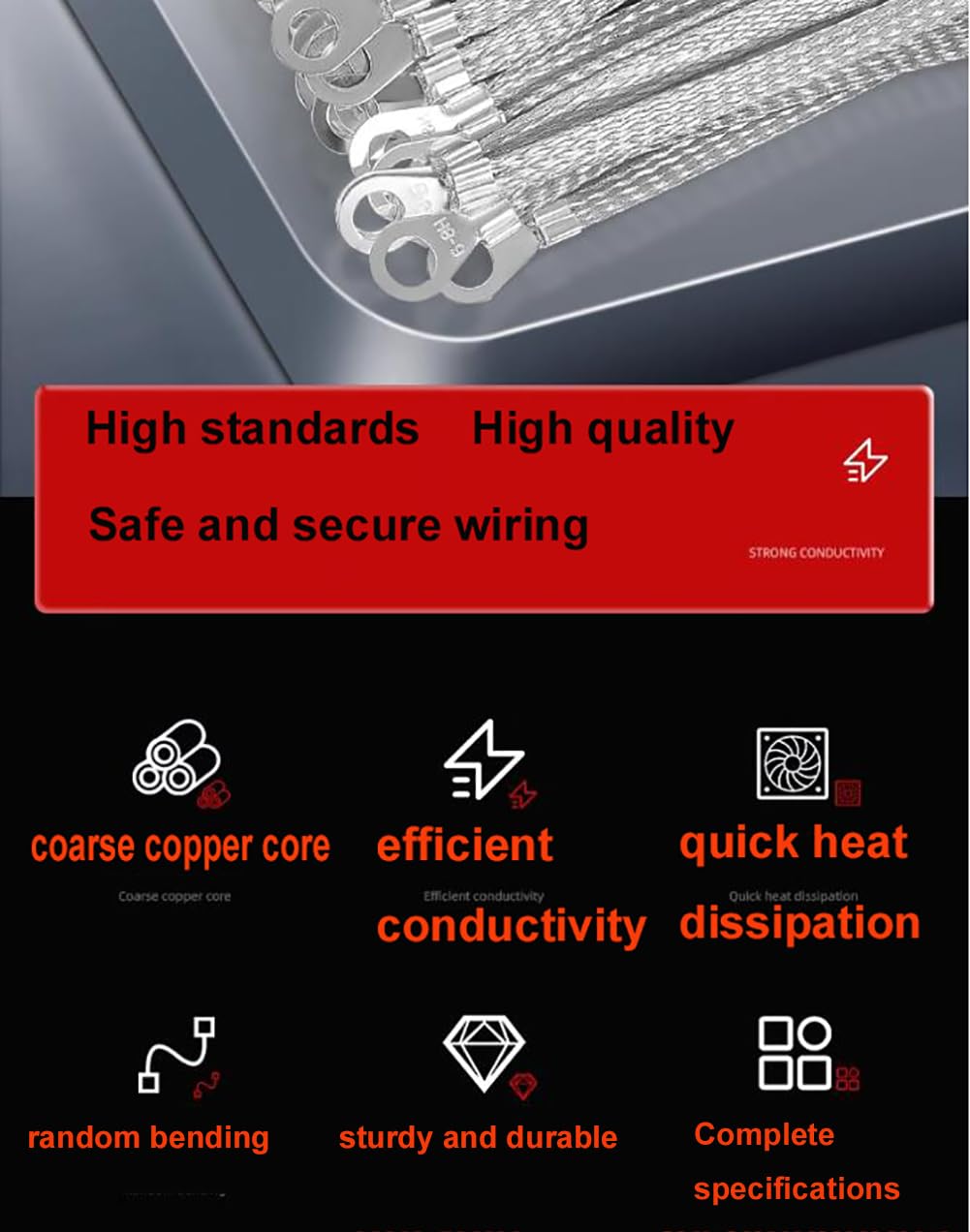 Przewód uziemiający z czystej miedzi, kabel w oplocie, 100 szt., 2,5 mm², otwór 8 mm, długość 200-300 mm