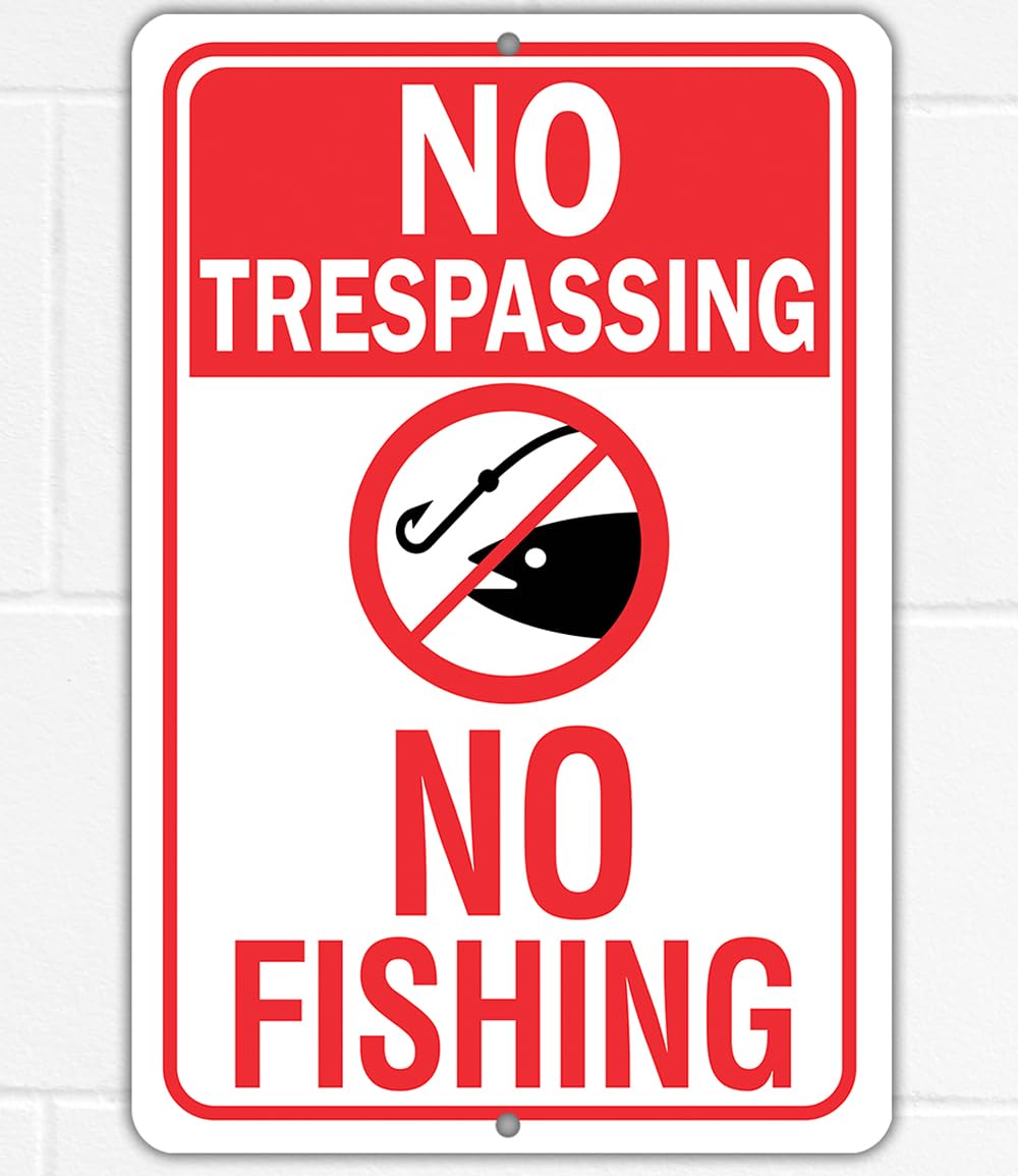 Private Property Restriction Metal Tin Sign, No Trespassing Fishing Or Hunting Cabin Lake Beach House Wall Decor, 12x8 Inches Aluminum
