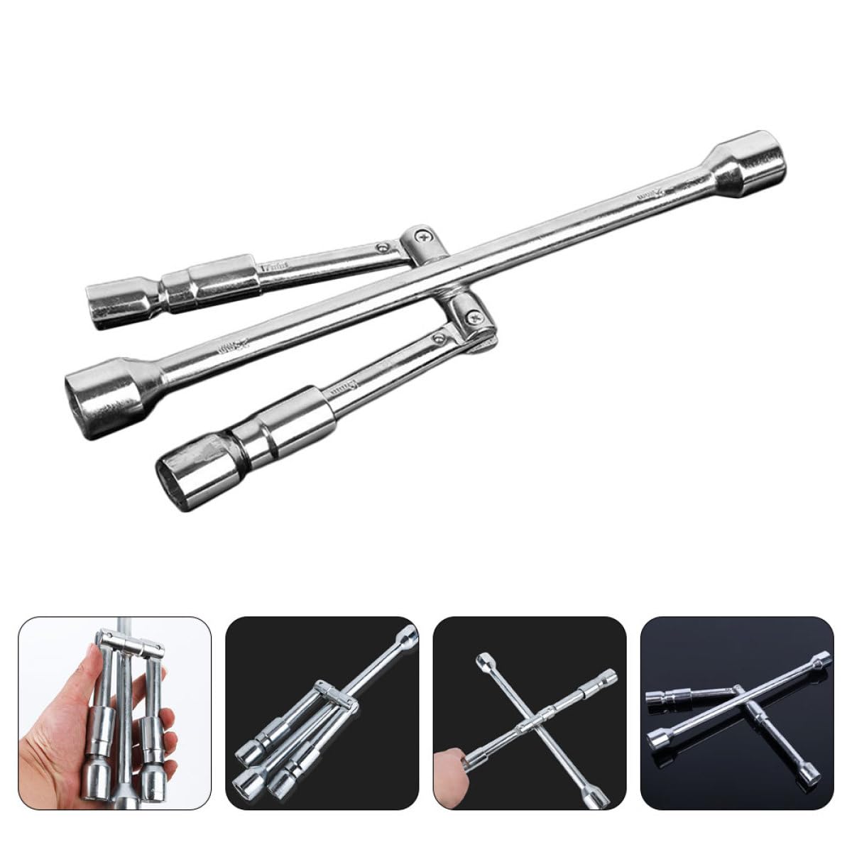 Healeved Llave Plegable de 4 Vías para Tuercas de Neumáticos de Coche de Acero Fácil de Transportar Adecuado para Reparaciones de Ruedas y Mantenimiento en Carretera