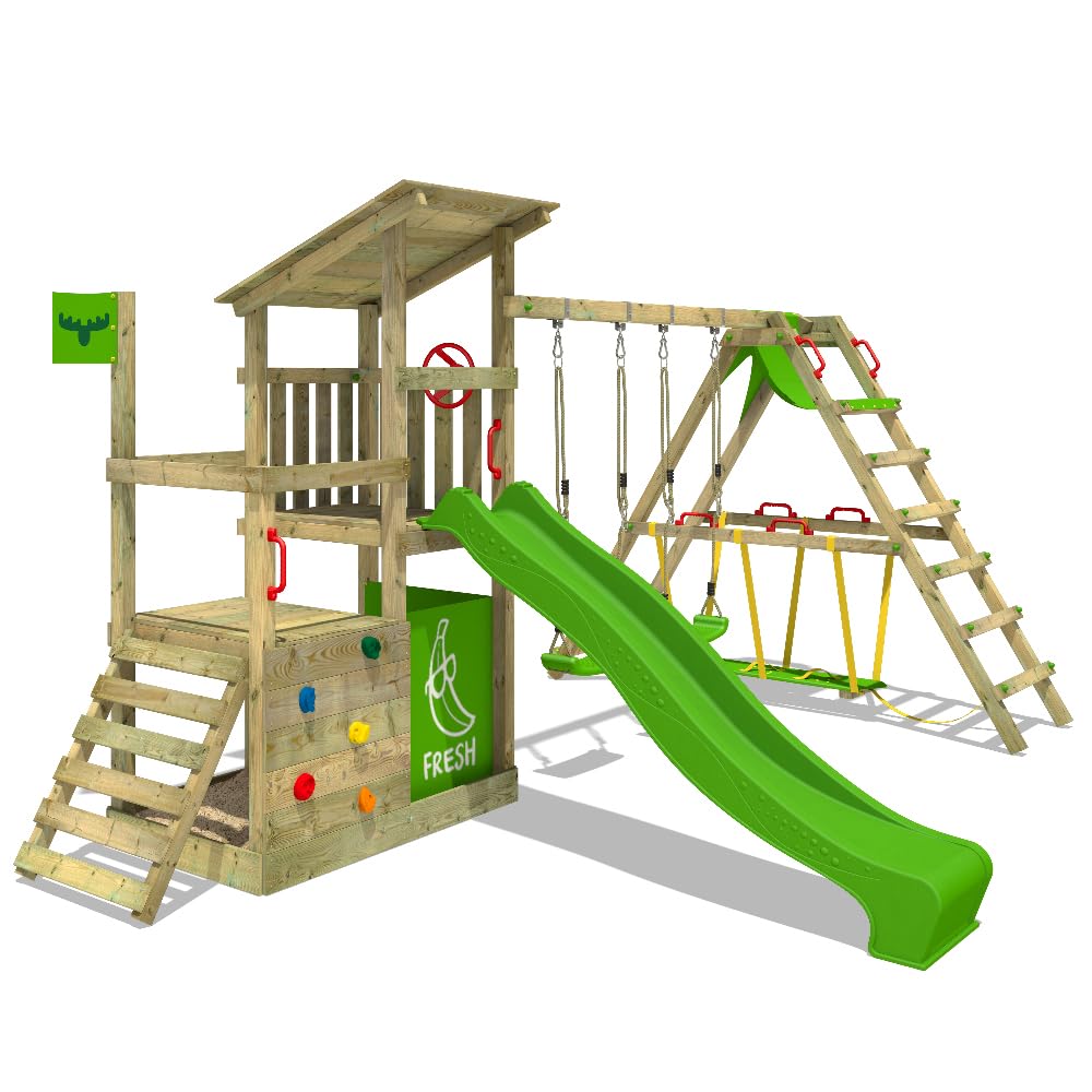 FATMOOSE Parque Infantil FruityForest Fun XXL con anexo de Surf, Columpio y tobogán Verde Manzana, Torre de Escalada Infantil de Exterior con arenero, Escalera y Accesorios de Juego para el jardín
