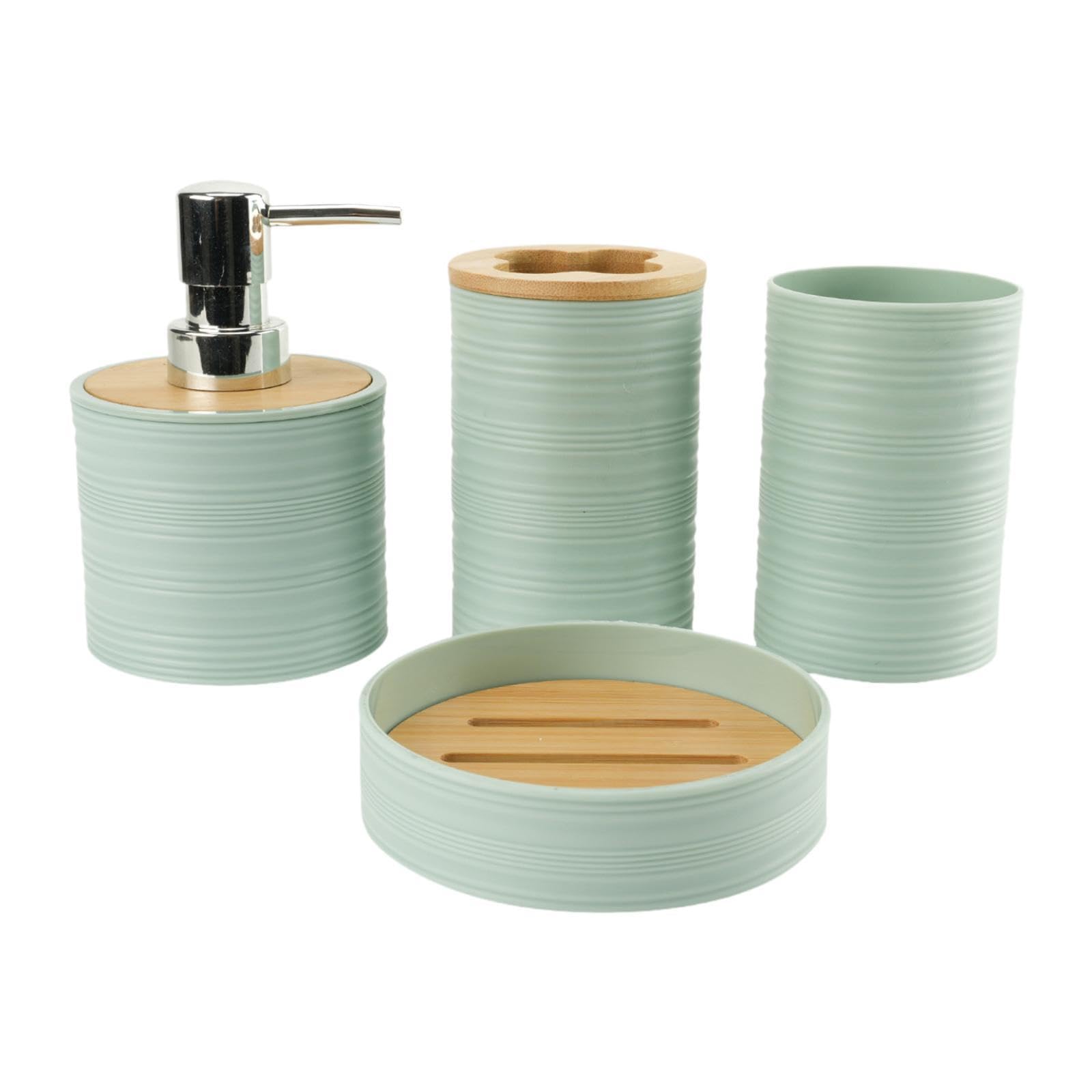 4 Piezas Set Accesorios de Baño Dispensador Jabón Jabonera Porta Cepillos Vaso Material Moderno y Fácil Limpieza Adecuado para Baño Casa Hotel, Verde, Individual