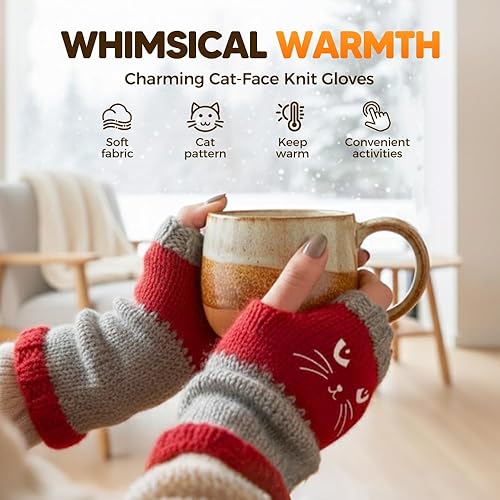 Miniatura 2 de Cat Embroidery Fingerless Gloves for Women, Warm Knitted Cat Gloves Splicing Design, Cute Womens Fingerless Glove